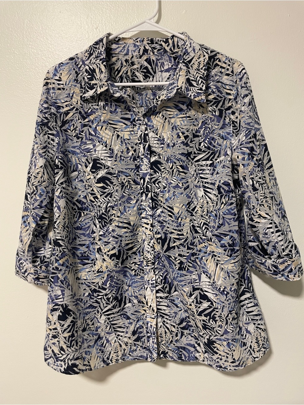 Floral Button Up Blouse Blue Leaf Print Sheer Burnout 3/4 Sleeve Collar Tropical